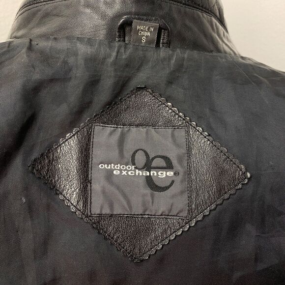 Outdoor Exchange Black Leather Jacket Womans Small Button Front Pockets Goth Hip - Picture 10 of 11